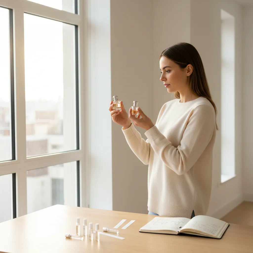 Jeune femme comparant deux flacons de parfum dupe dans un appartement lumineux, avec des échantillons et des mouillettes sur la table
