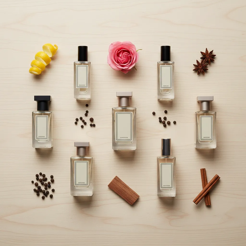 Collection de petits flacons de parfum abordables entourés de notes olfactives naturelles : citron, poivre, rose, bois de santal et épices
