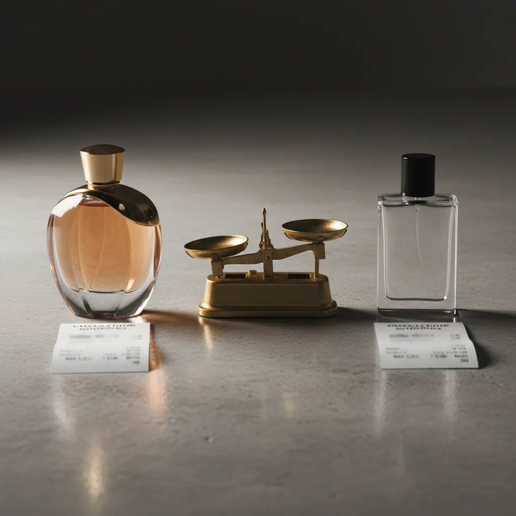 Balance vintage comparant un flacon de parfum de luxe et son alternative abordable, symbolisant le choix entre qualité et prix