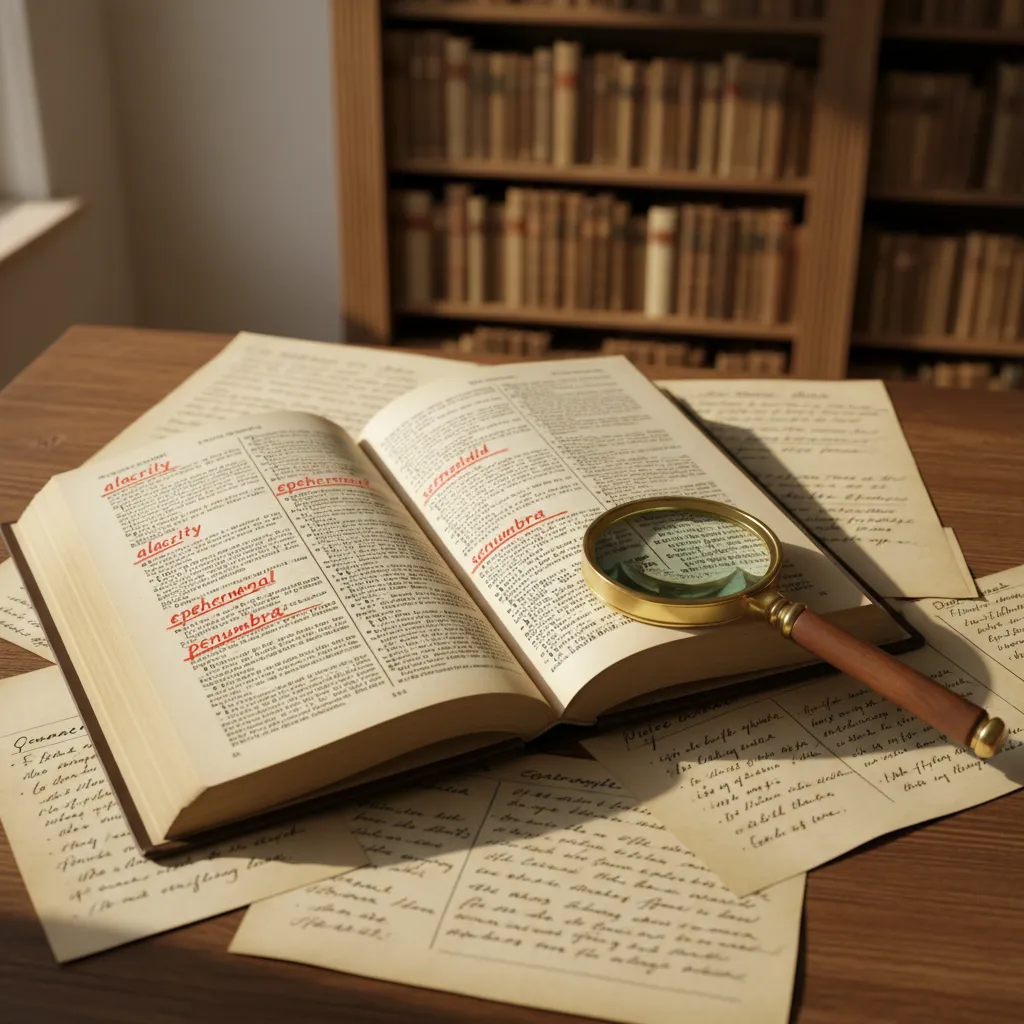 Dictionnaire papier ouvert surligné avec des mots rares, entouré de notes et d'une loupe sur un fond de bibliothèque ancienne