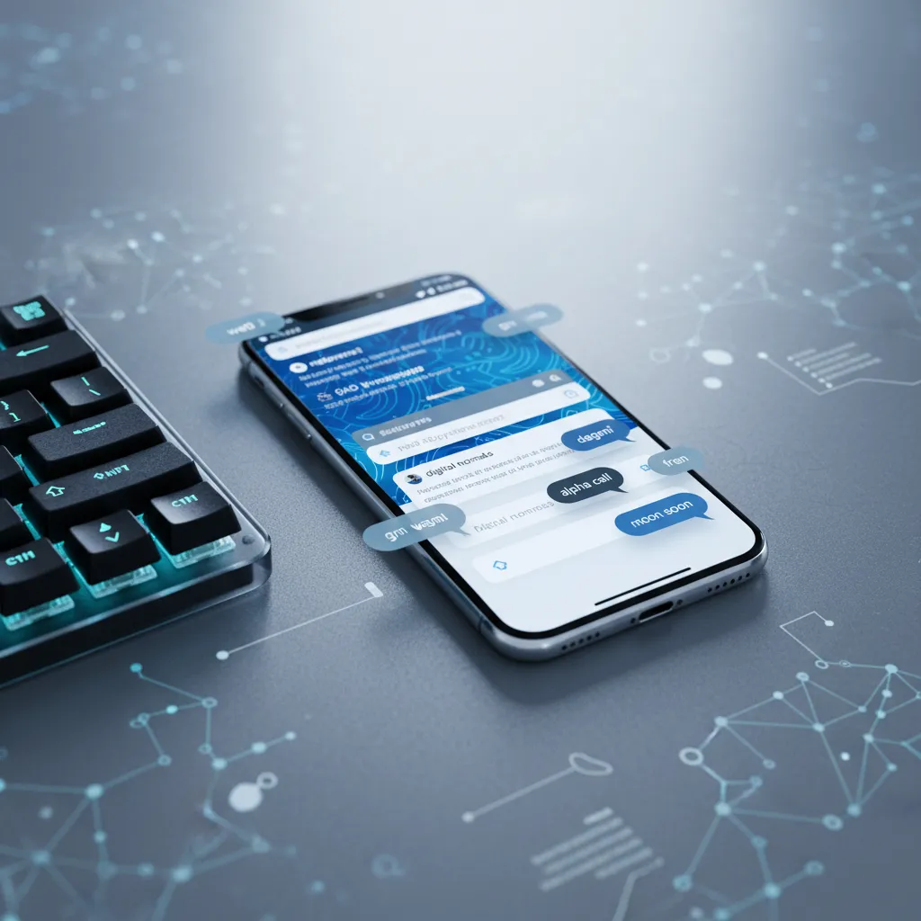 Écran de téléphone affichant plusieurs onglets de recherche ouverts et des bulles de dialogue de communautés en ligne, sur un bureau contemporain avec clavier mécanique