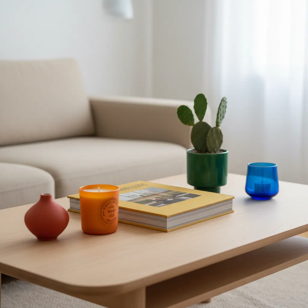 Accessoires décoratifs en dégradé arc-en-ciel disposés sur une table basse en bois clair style japandi