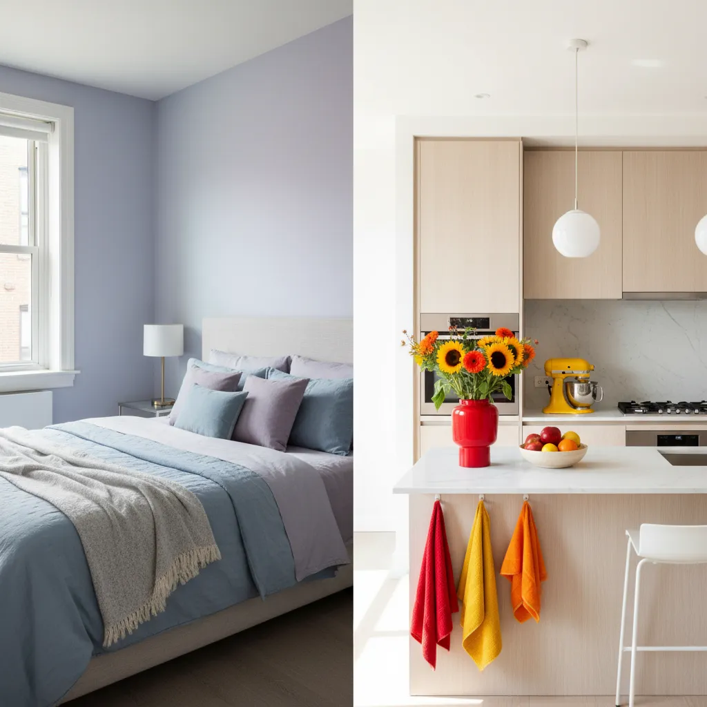 Chambre aux tons bleu lavande et violet apaisants à gauche, cuisine lumineuse avec accessoires rouge, orange et jaune à droite