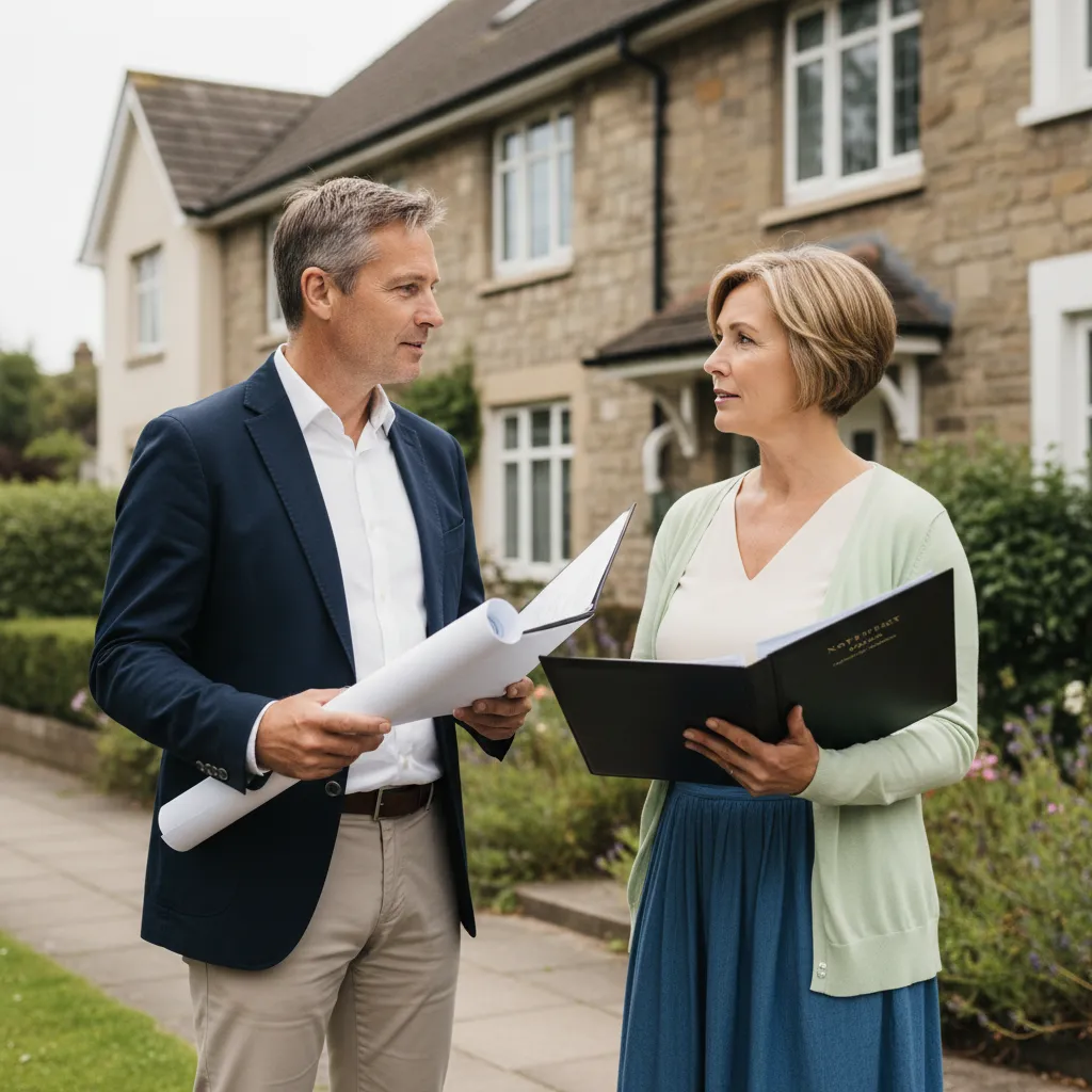 Deux propriétaires discutant des travaux de toiture avec documents administratifs en main