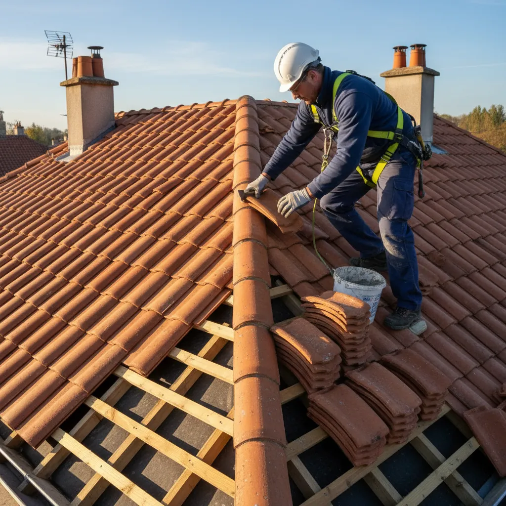 Couvreur professionnel installant des tuiles sur une toiture mitoyenne près de la ligne de faîtage