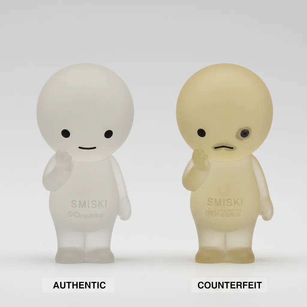 Comparaison entre une figurine Smiski authentique et une contrefaçon côte à côte