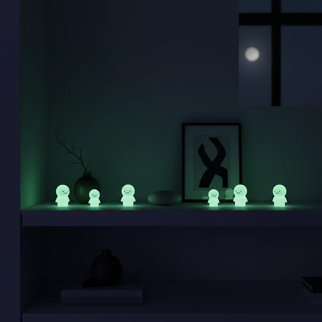 Figurines Smiski émettant leur lueur phosphorescente dans l'obscurité sur une étagère