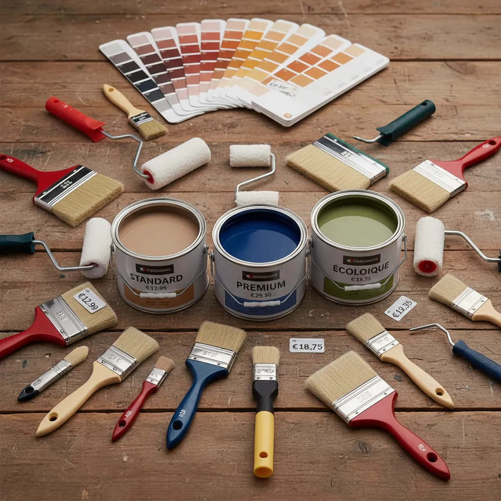 Pinceaux et rouleaux de peinture professionnels avec pots de peinture de différentes qualités