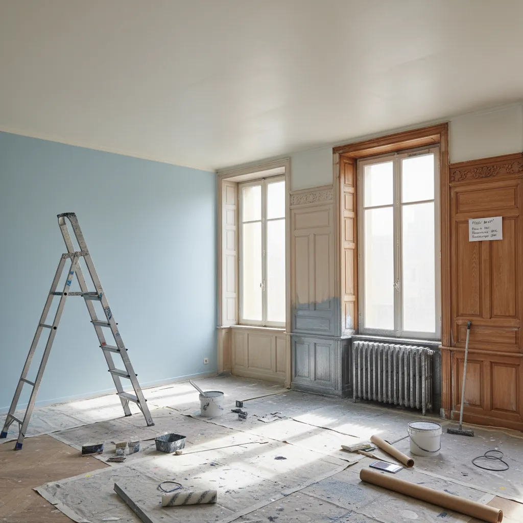 Pièce en cours de rénovation avec différents types de surfaces et finitions