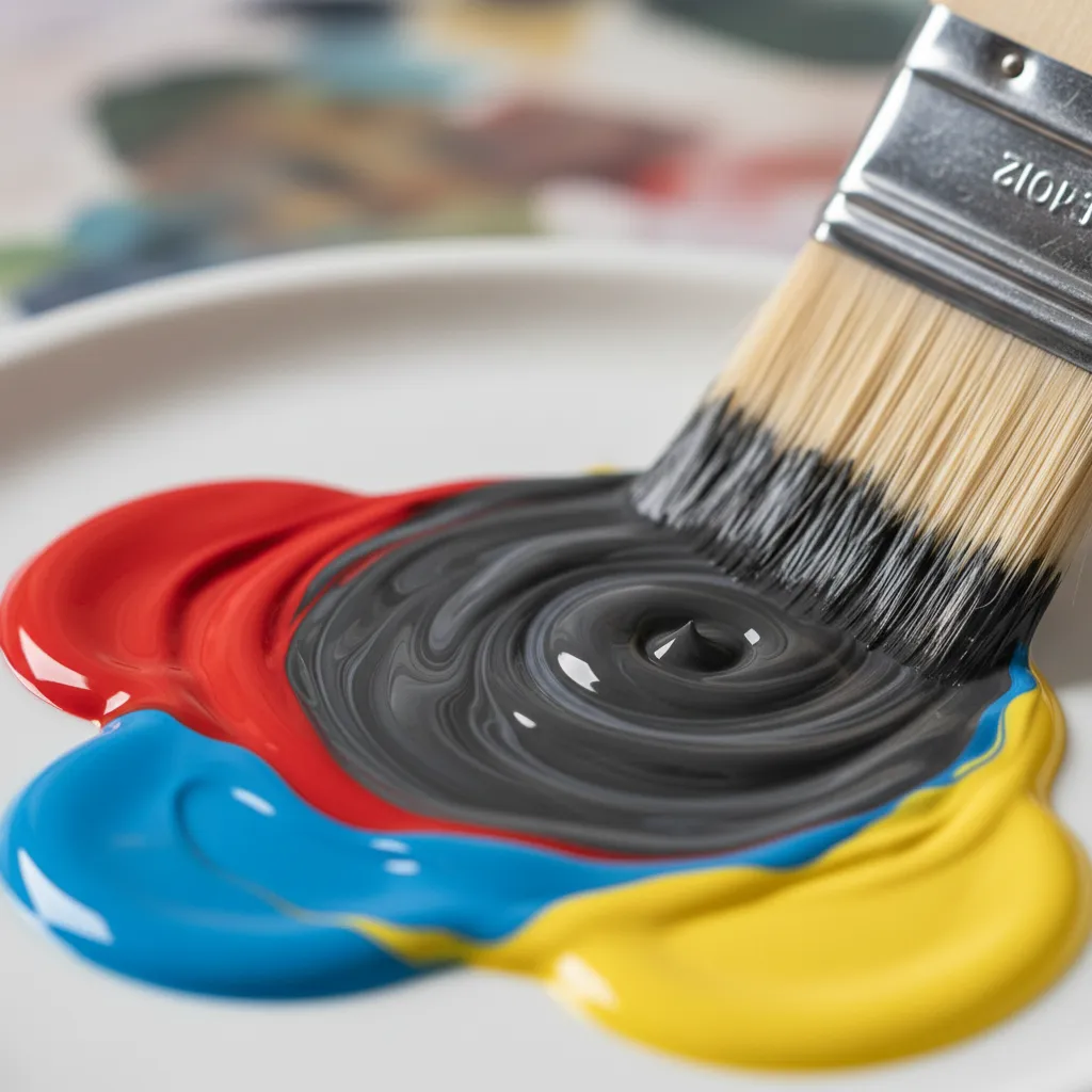 Mélange de trois couleurs primaires sur palette avec un pinceau créant des spirales colorées qui se fondent en noir