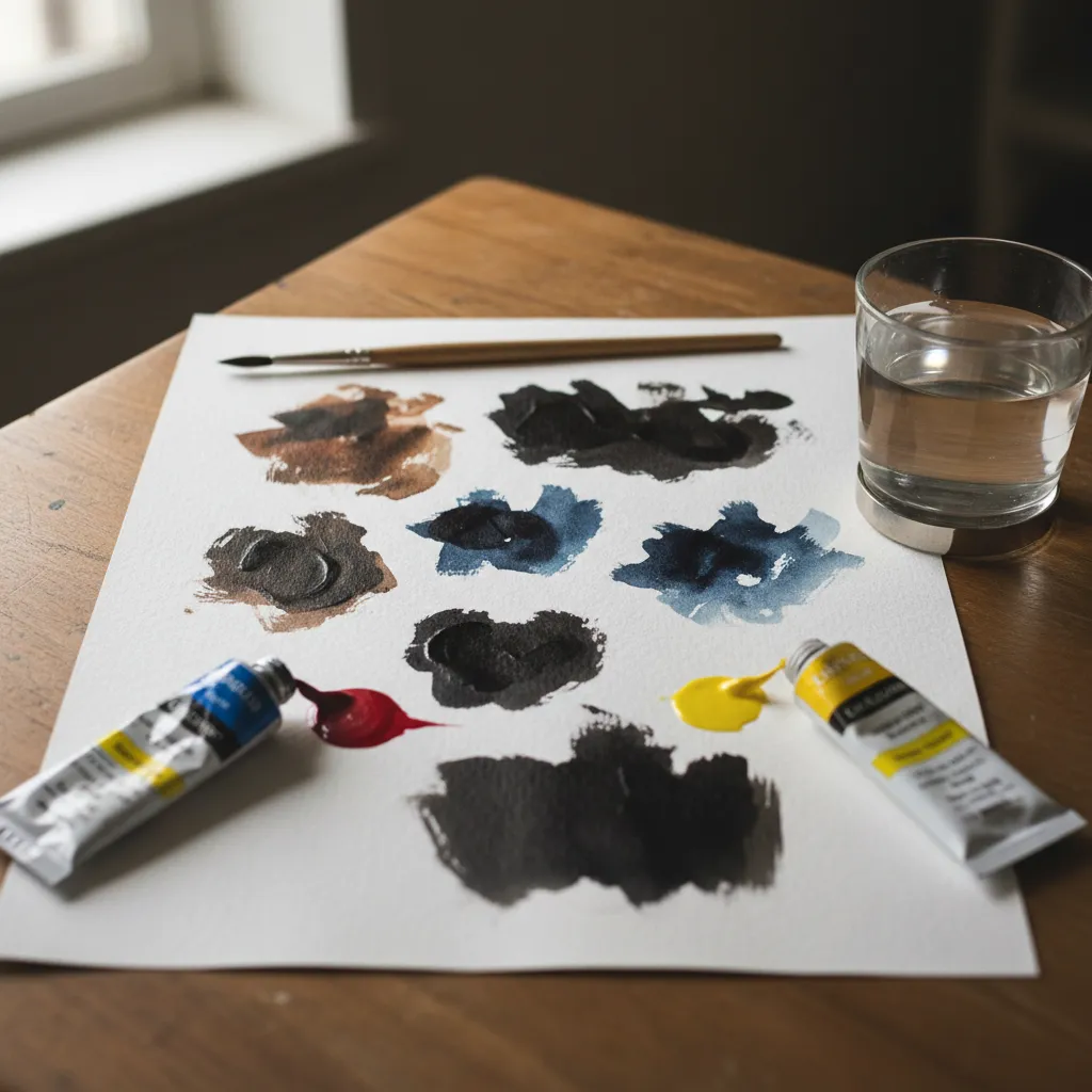Nature morte d'artiste avec trois tubes de peinture ouverts et différentes nuances de noir peintes sur papier aquarelle