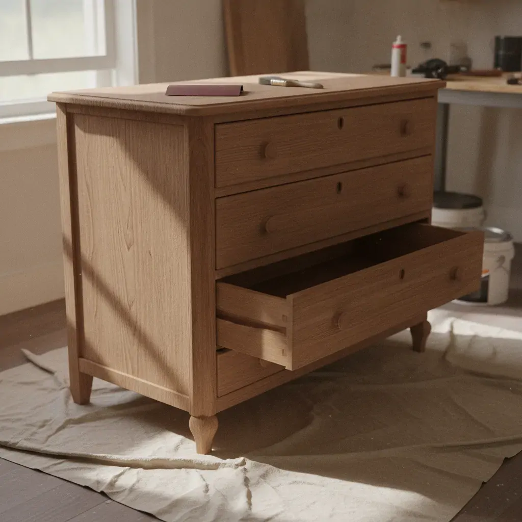 Meuble en bois en cours de préparation avec papier abrasif et pinceau