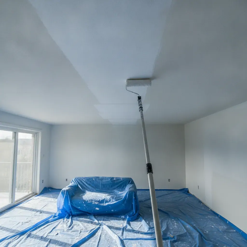 Rouleau à peinture sur perche appliquant une peinture blanche au plafond