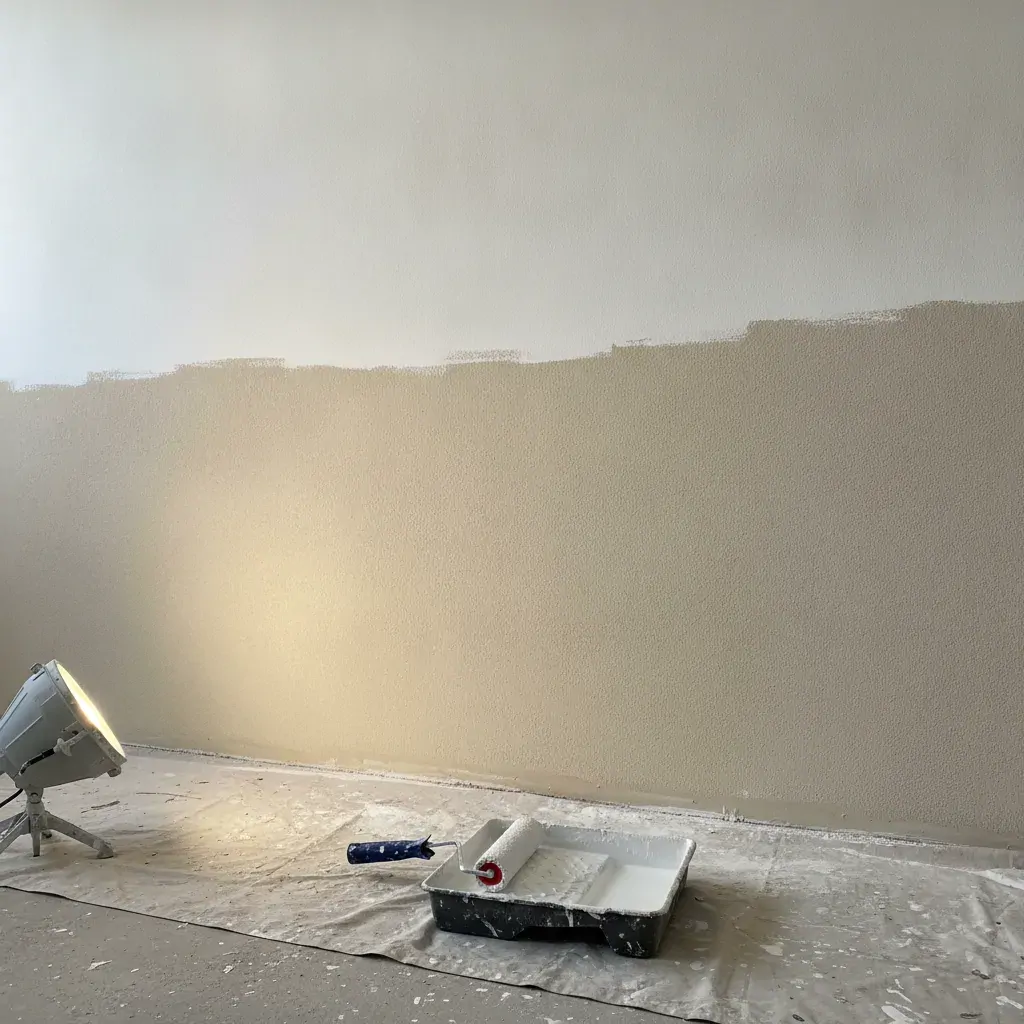 Mur partiellement recouvert d'une sous-couche blanche mate