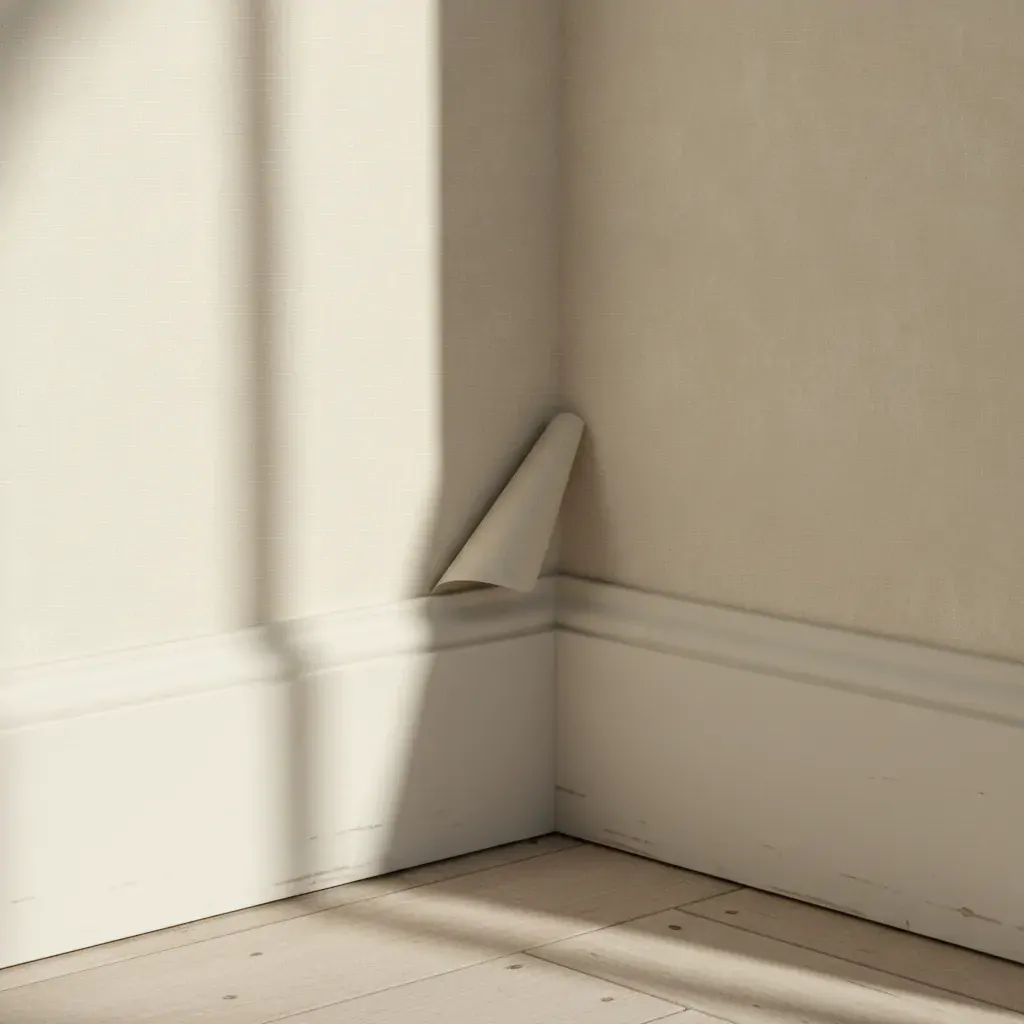 Angle de mur montrant un papier peint dont un lé se décolle légèrement