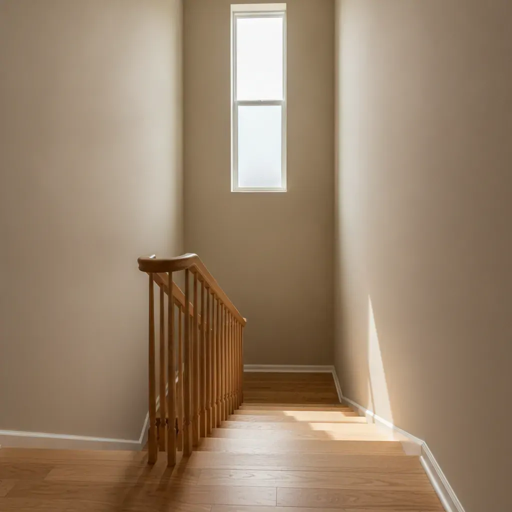 Cage d'escalier claire avec garde-corps et mur fraîchement peint