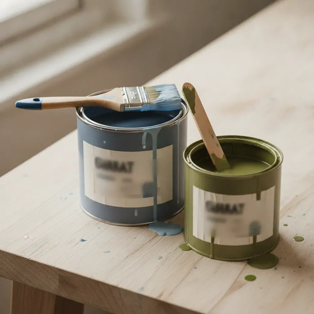 Pots de peinture avec étiquettes et pinceau posés sur un plan de travail