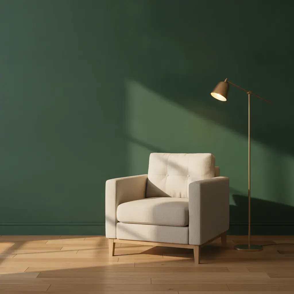 Mur peint dans un ton profond mettant en valeur un fauteuil clair