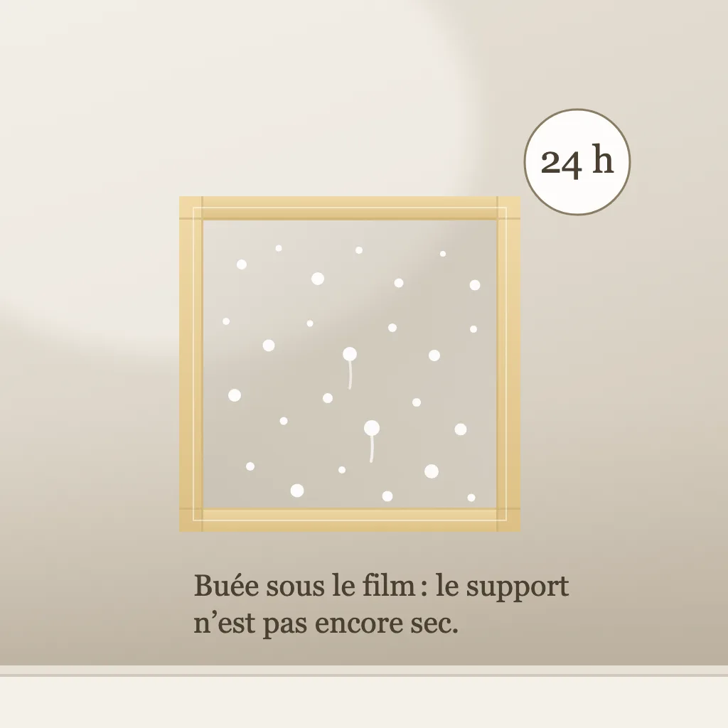 Carré de film plastique transparent scotché sur les quatre bords contre un mur, couvert de buée après 24 heures
