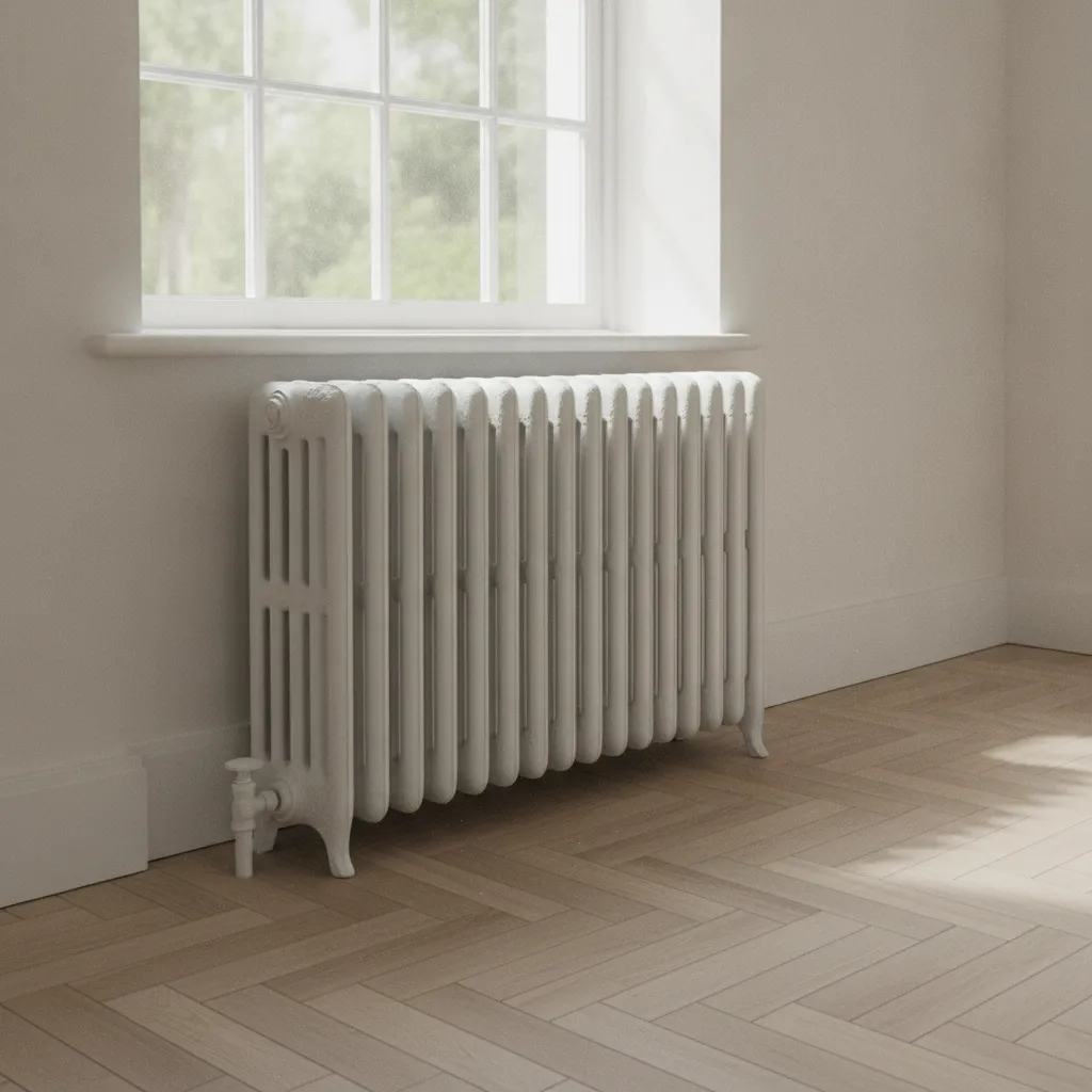 Ancien radiateur en fonte repeint en blanc mat sous une fenêtre