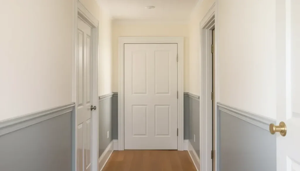 Couloir étroit repeint, murs blanc cassé chaud en partie haute et soubassement bleu-gris, portes blanches et parquet clair